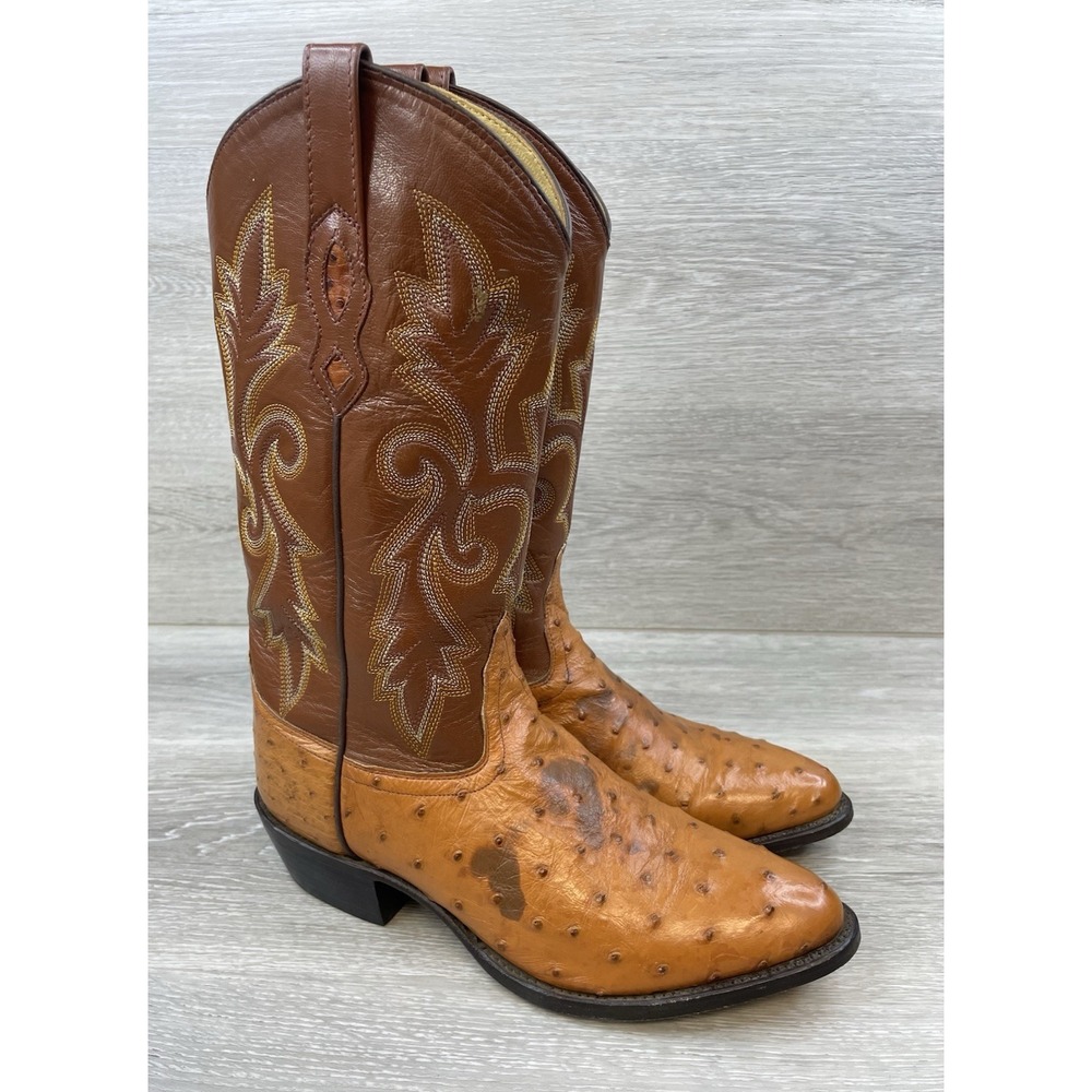 Brown Ostrich Leather Cowboy Boots - Western Pull-On Boots